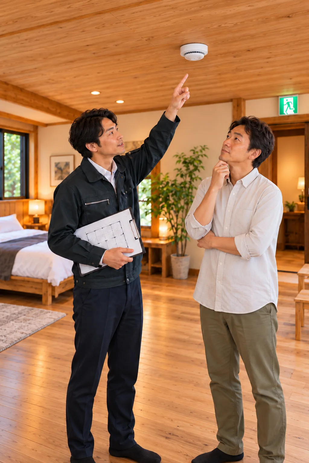 消防設備の説明をする人、説明を受けるお客様